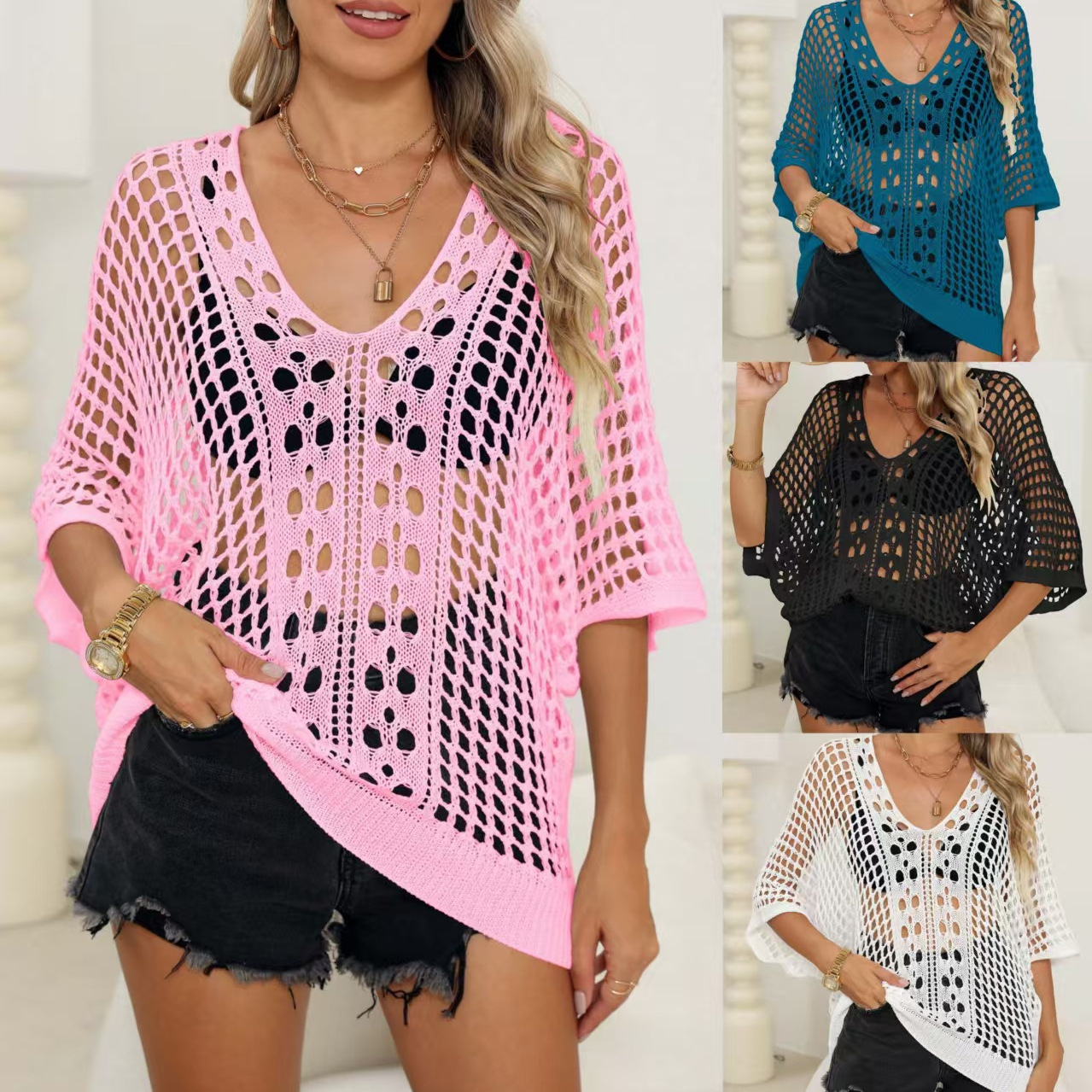 Women's Hollow-Out Batwing Sleeve Knit Top V-Neck Loose Fit