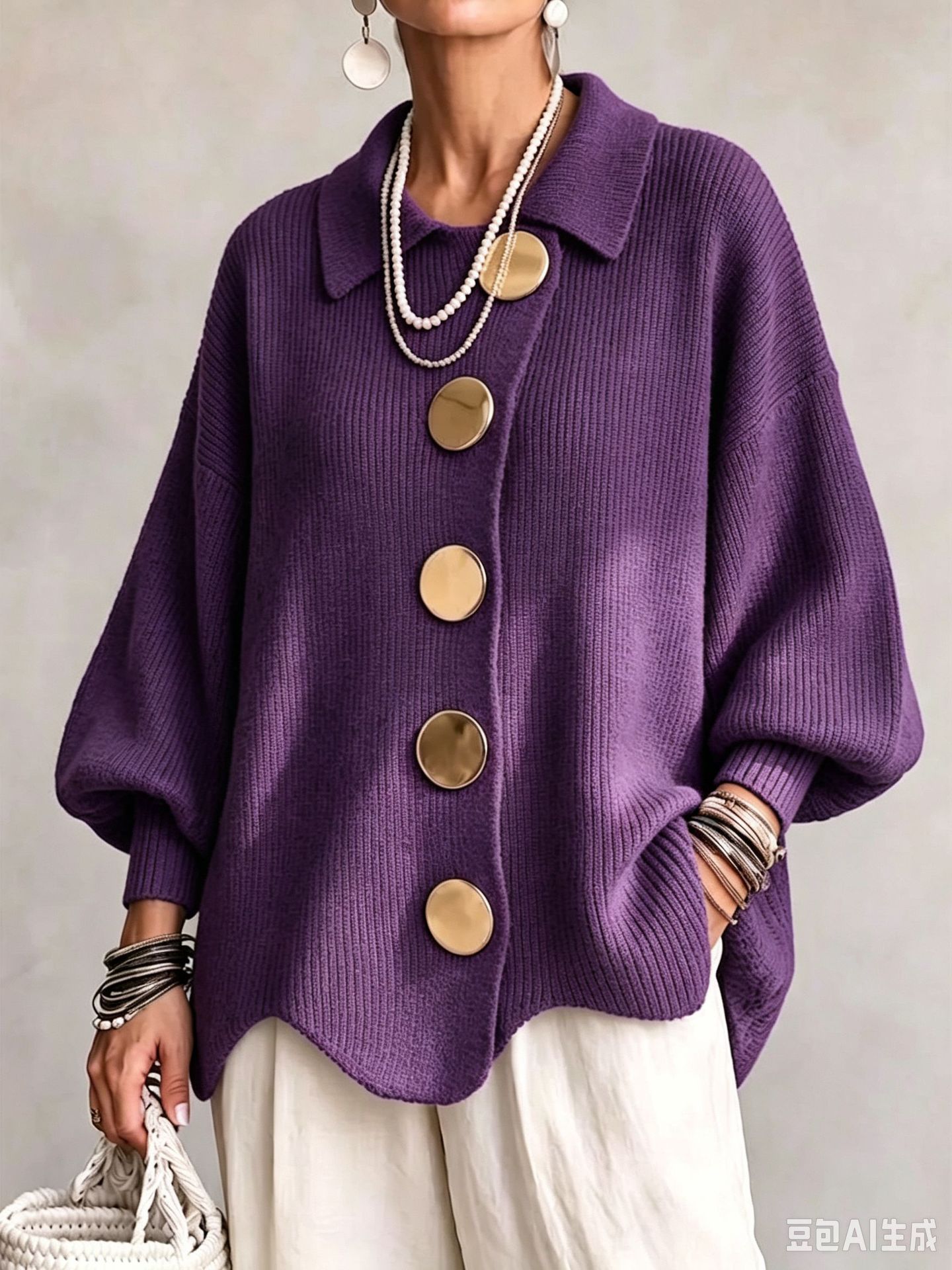 Women's Knit Round Neck Long Sleeve Cardigan Sweater