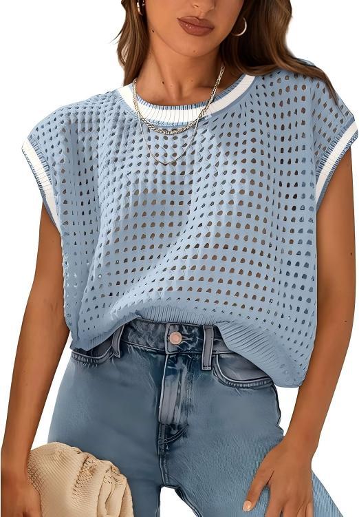 Crochet Cap Sleeve Knit Top Round Neck Pullover Beach Cover-Up