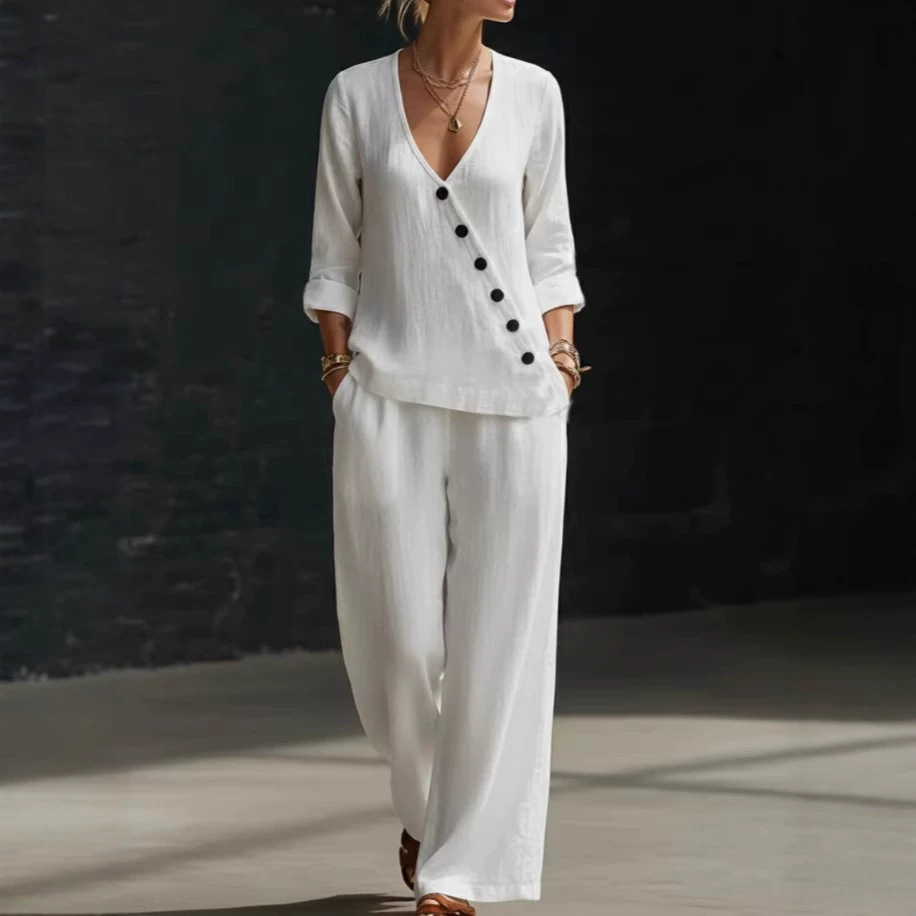 Women's Minimalist V-Neck Button Shirt & Wide-Leg Pants Set
