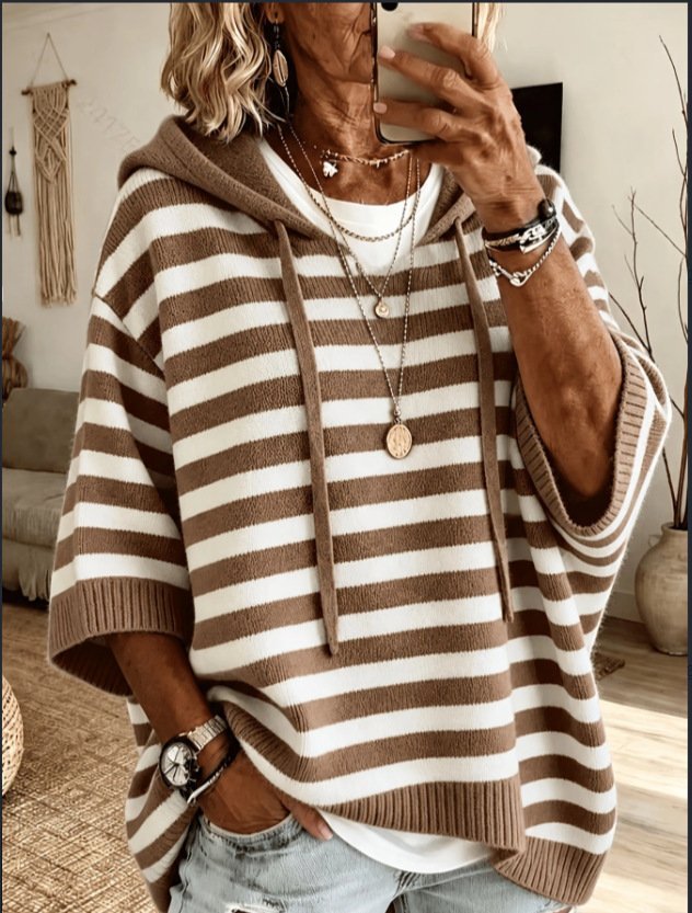 Striped Knit Hooded Sweater with Drawstring Loose Fit