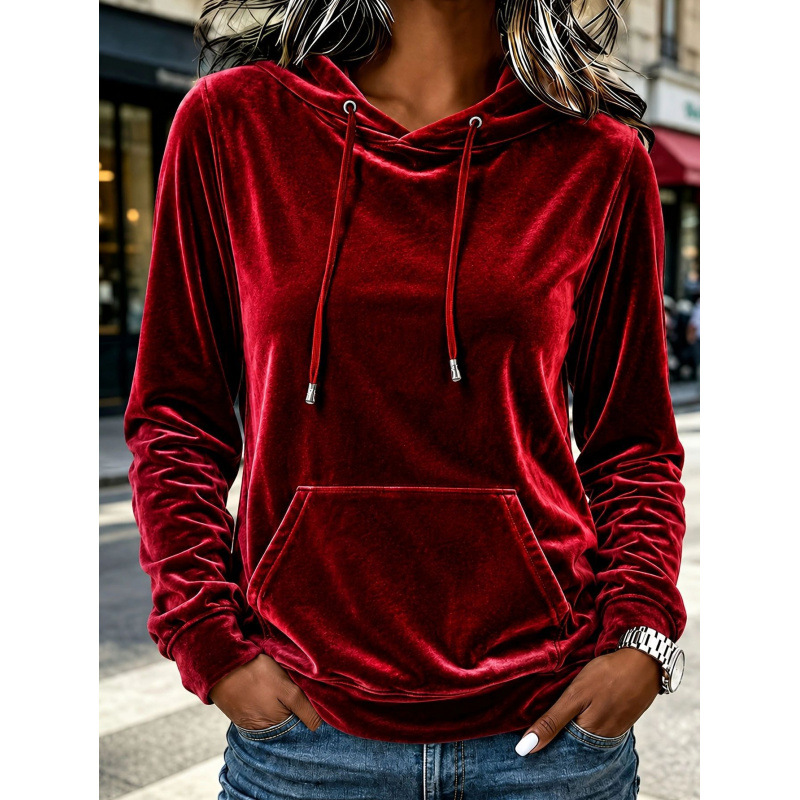 Women's Velvet Hooded Pullover Sweatshirt with Drawstring