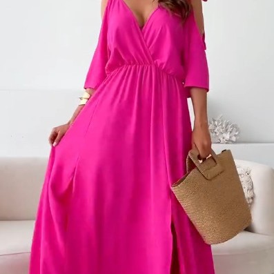 Solid Color Off-Shoulder V-Neck Cinched Waist A-Line Midi Dress with Five-Quarter Sleeves