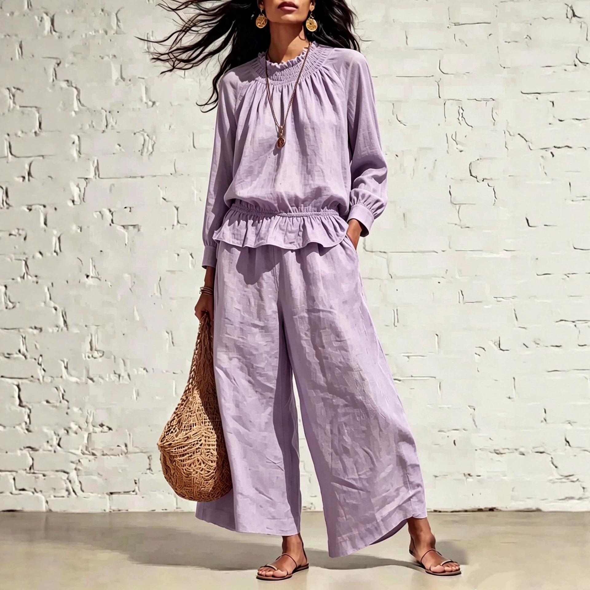 Women's Ruffle Wide-Leg Pants Two-Piece Set Long Sleeve Shirt Casual