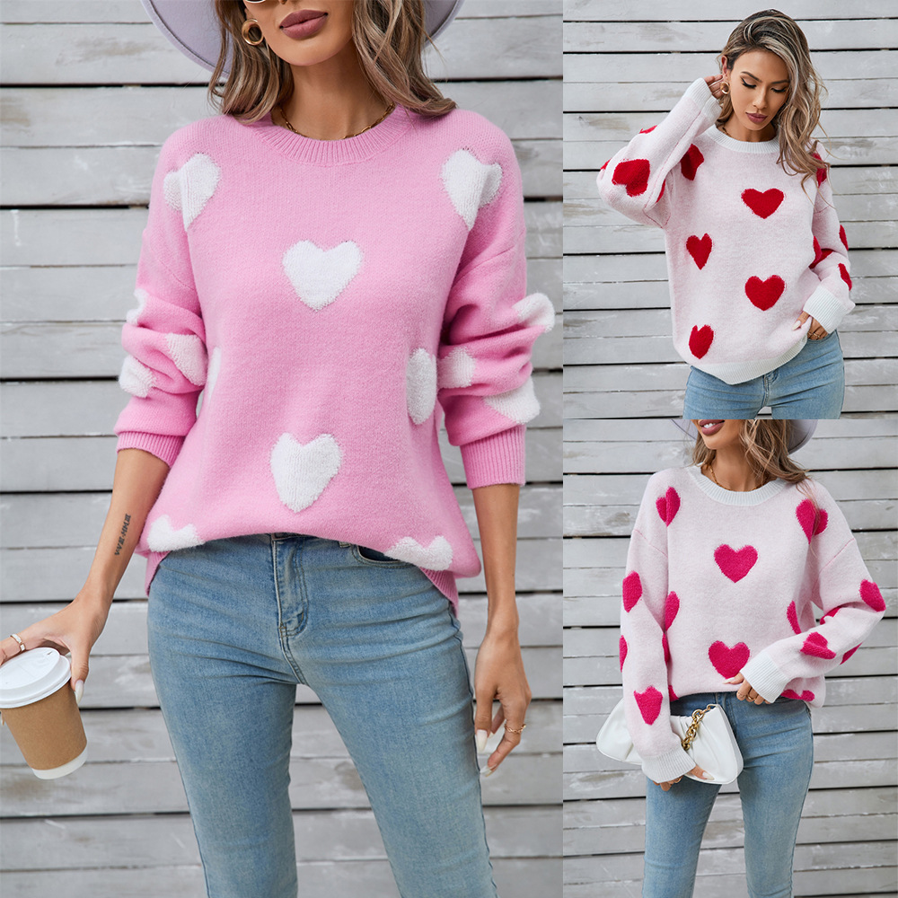 Plus Size Heart Knit Sweater Long Sleeve Pullover