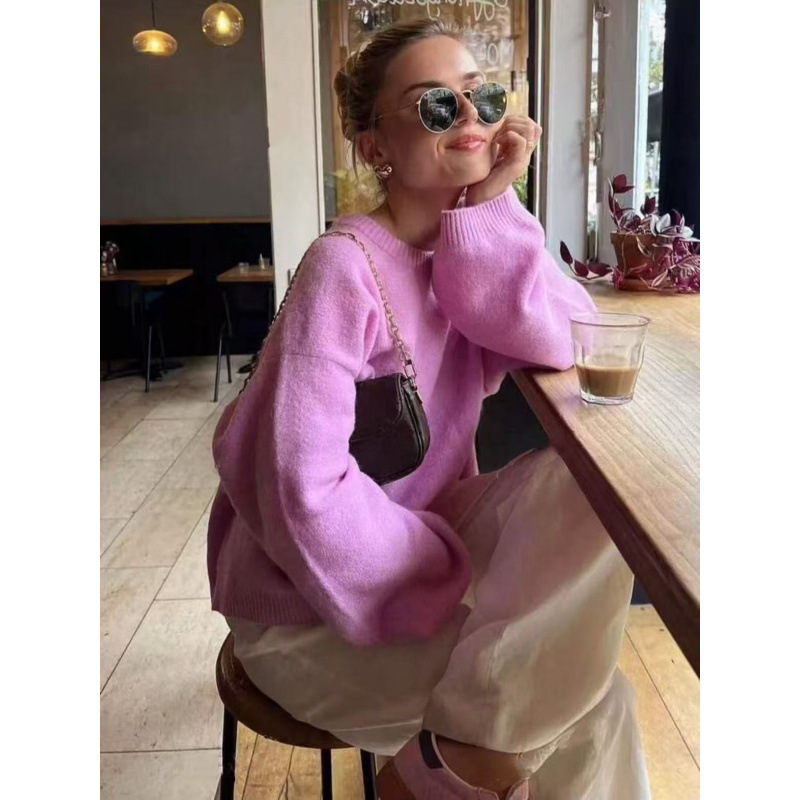Pink Crewneck Pullover Sweater Relaxed Casual