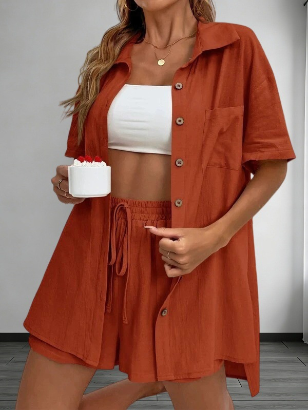 Solid Color Short Sleeve Cardigan Top and Shorts Two-Piece Set
