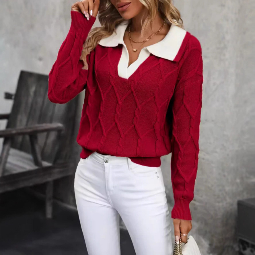 Elegant Color-Block Lapel Collar Long-Sleeve Knit Sweater