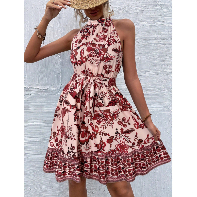 Floral Halter Neck Waist-Cinching Midi Dress