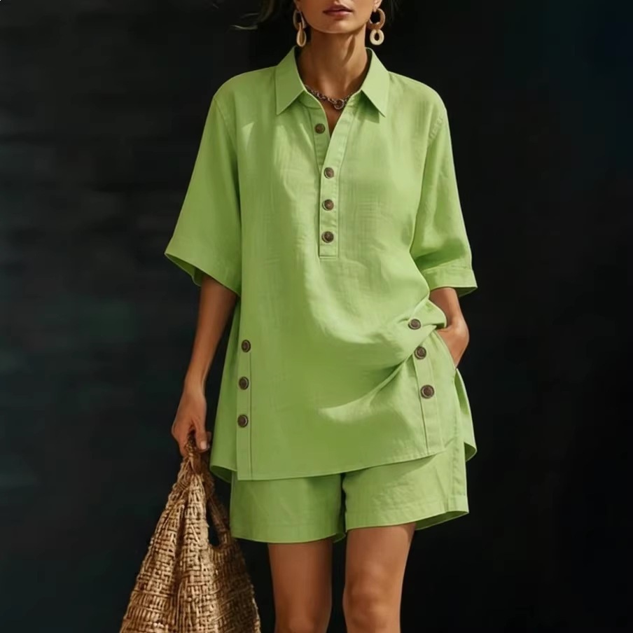 Cotton-Linen Shirt & Shorts Two-Piece Set Casual Loose Button-Down