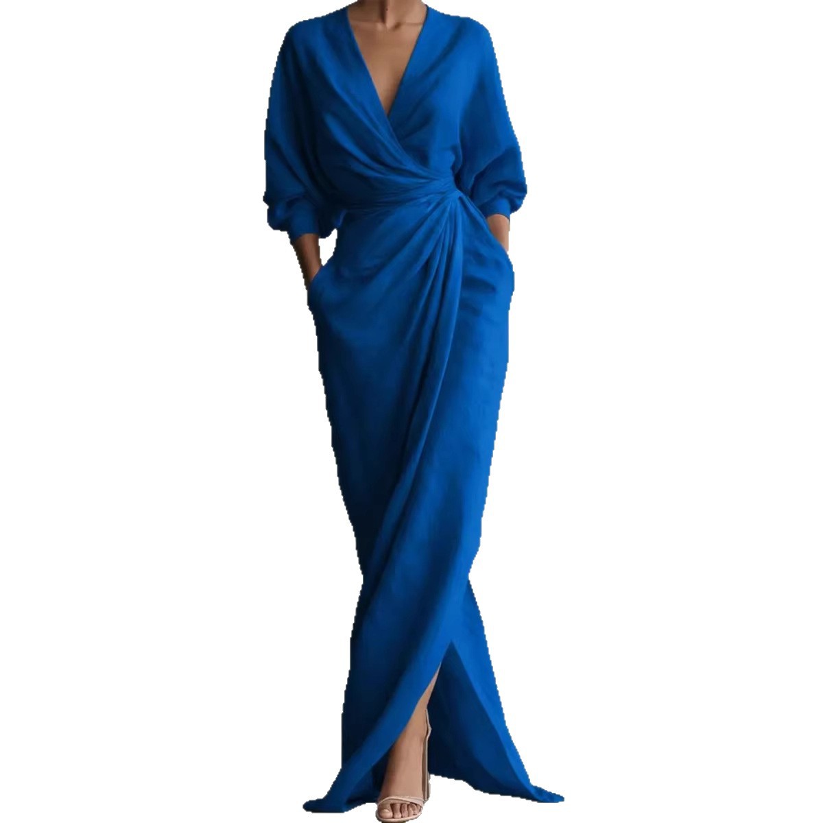 Elegant Solid V-Neck Long Sleeve Split Waist Pocket Long Dress