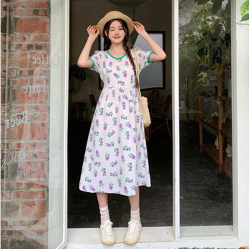 Women's French Tea Break Floral Midi Dress A-Line Short Sleeve Round Neck Elastic Waist