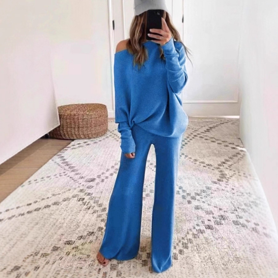 Solid Color Batwing Sleeve Drawstring High Waist Wide Leg Knit Two-Piece Pants Set