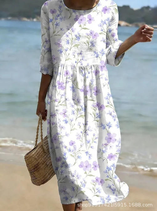 Women's Floral Print Ruched Midi Dress with Half Sleeves