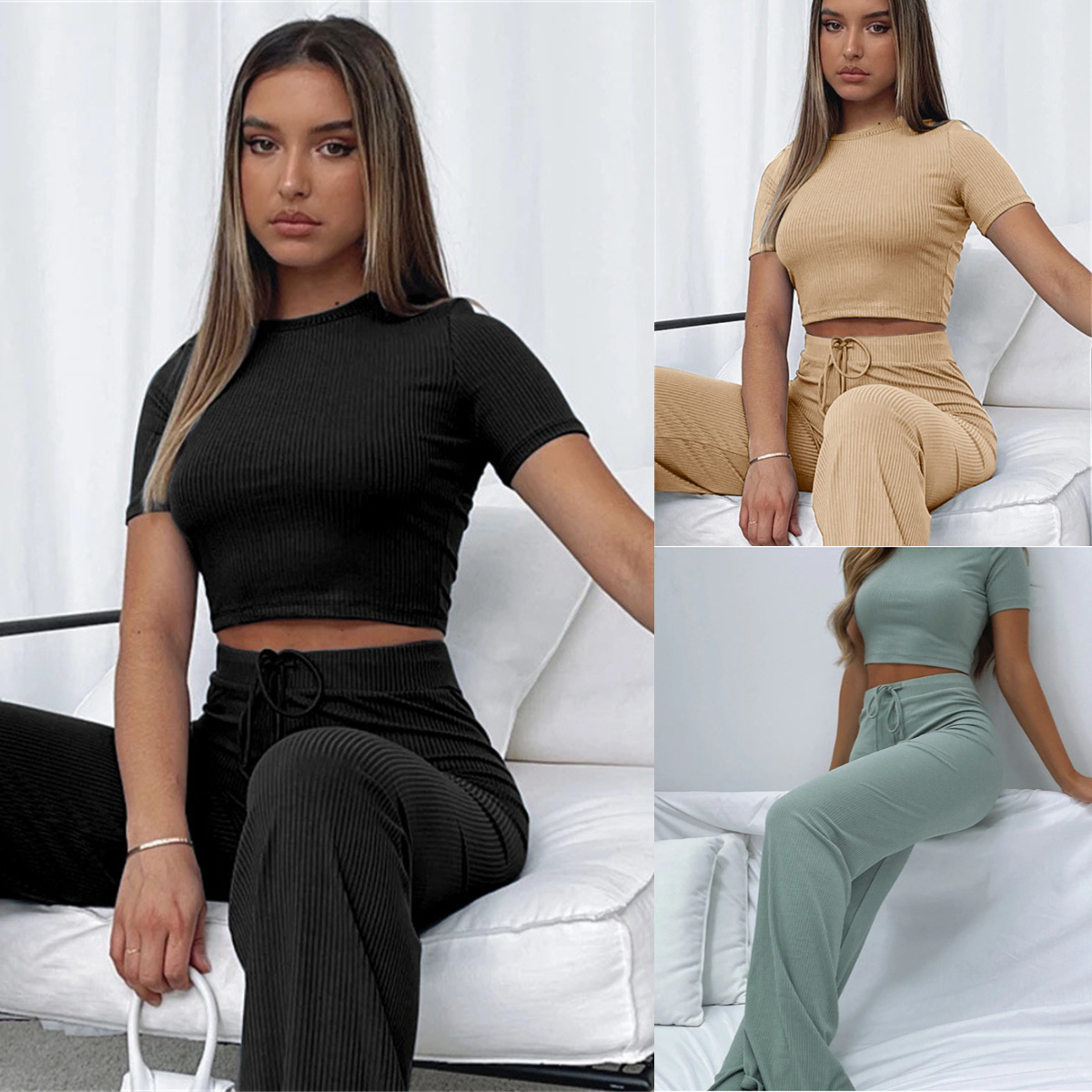 Women's Solid Color High-Stretch Short Sleeve Top and Wide-Leg Pants Two-Piece Set