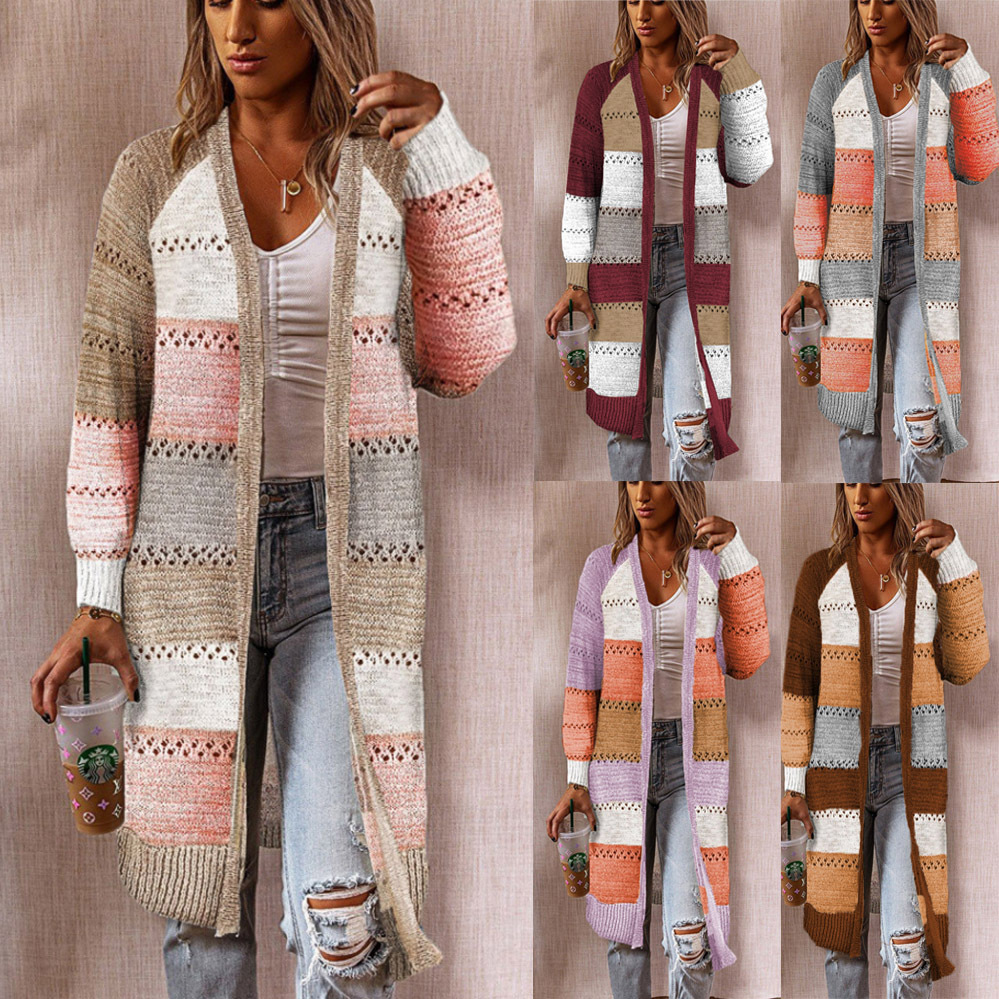 Color-Block Knit Long Cardigan Sweater Wrap