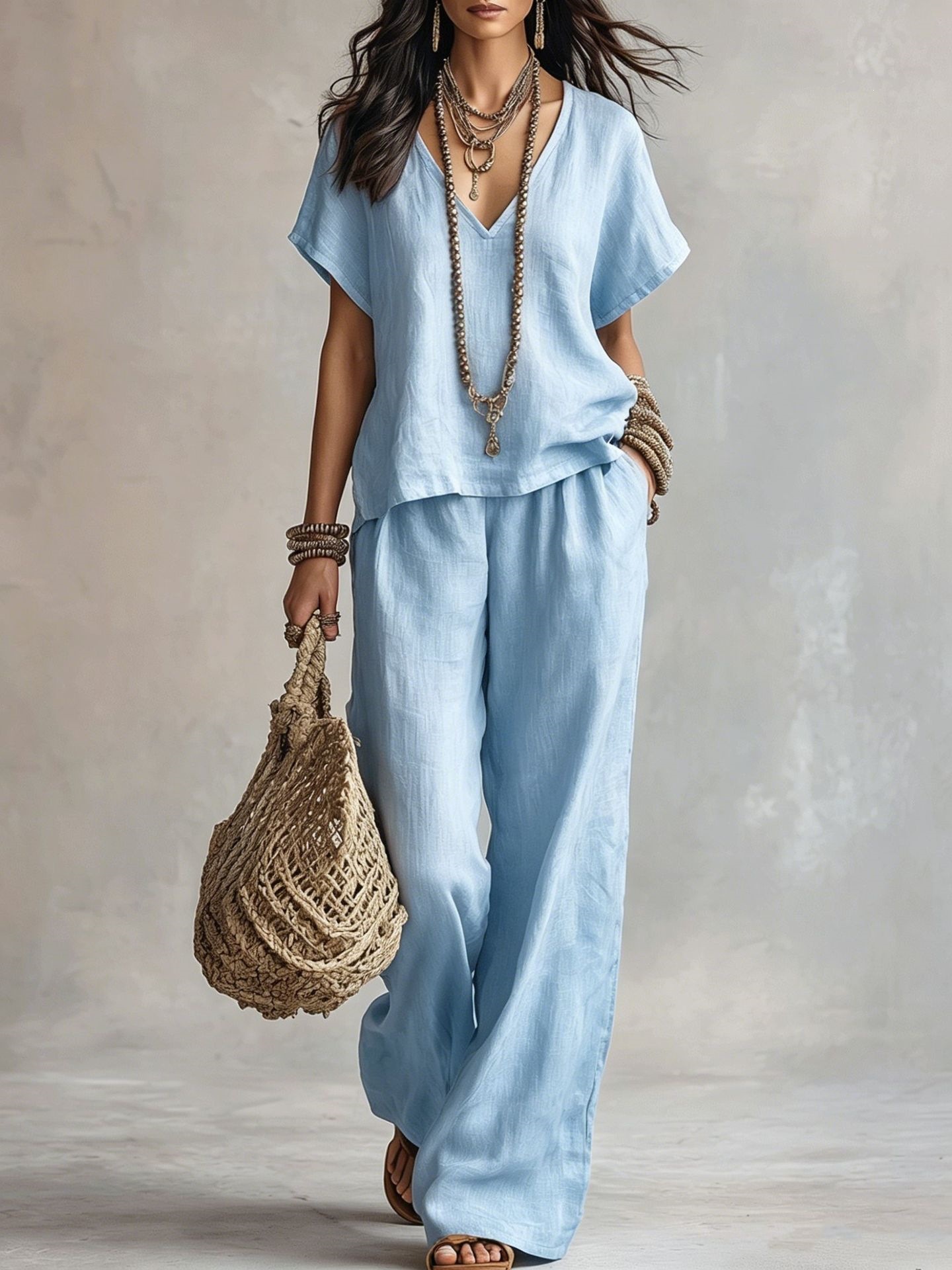 Women's Casual Solid V-Neck Short Sleeve Top & Pants Two-Piece Set