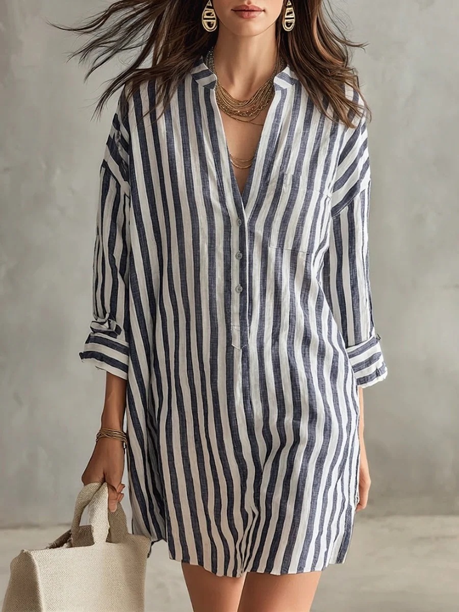 V-Neck Striped Shirt Dress Casual High Waist Midi