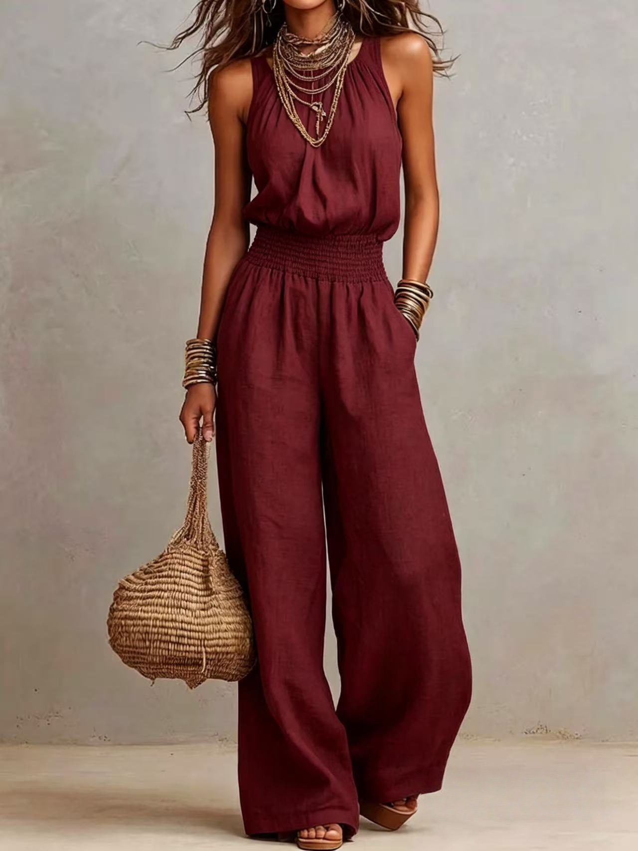Women's Sleeveless Solid Color Wide-Leg Jumpsuit with Pockets