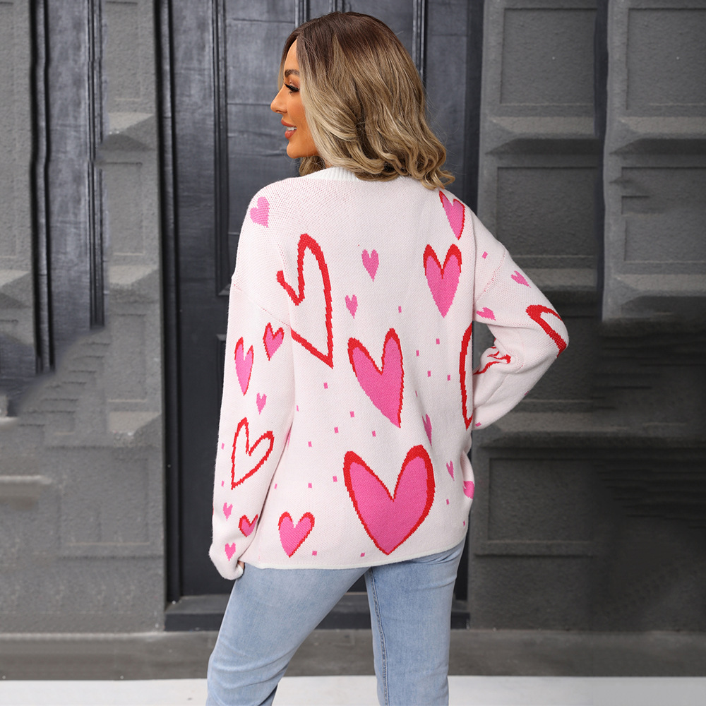 Women's Heart Crewneck Pullover Sweater Long Sleeve Loose Knit Top