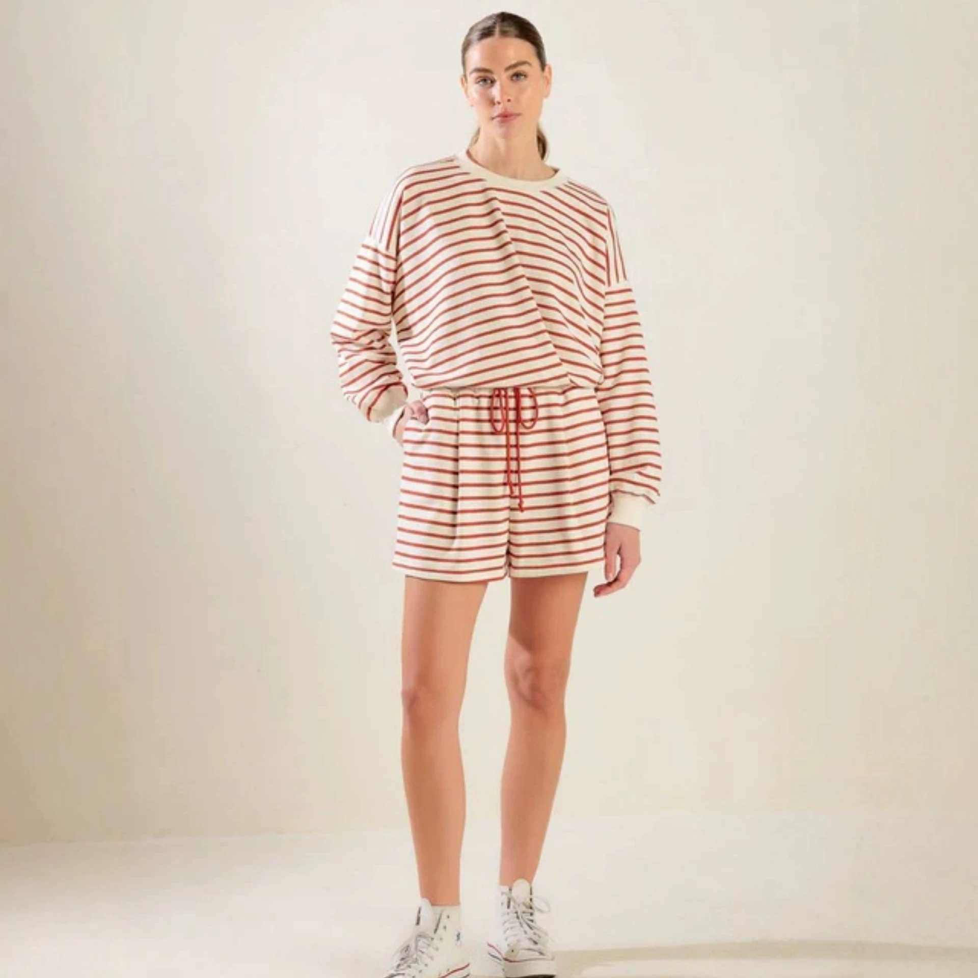 Women's Striped Two-Piece Set with Crew Neck Long-Sleeve Top and Shorts