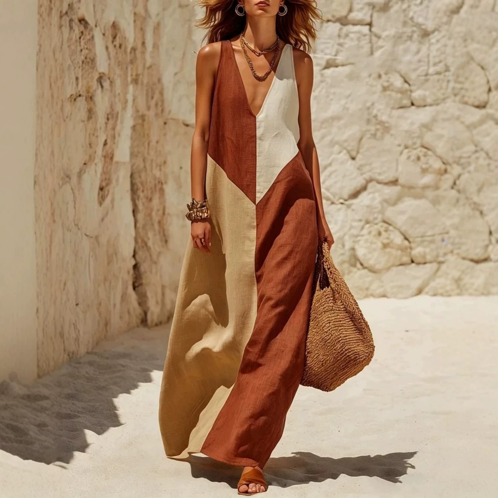 Women's Summer Loose Long Sleeveless V-Neck Colorblock Dress