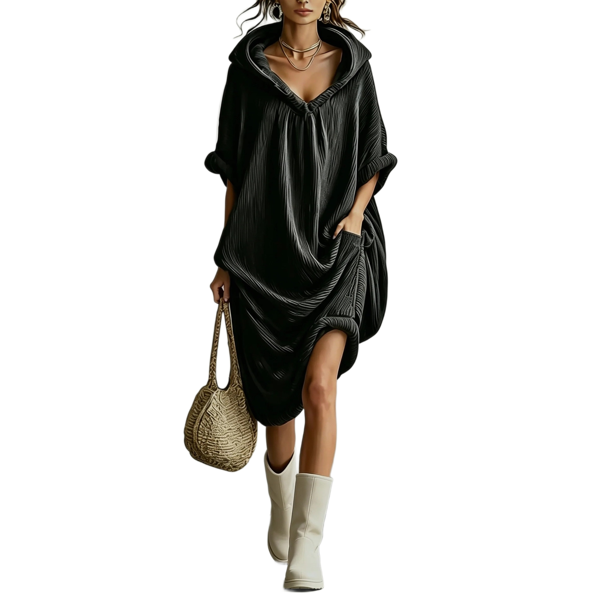 Dark Textured Pleated Hooded Sweatshirt Dress Loose Slit Midi