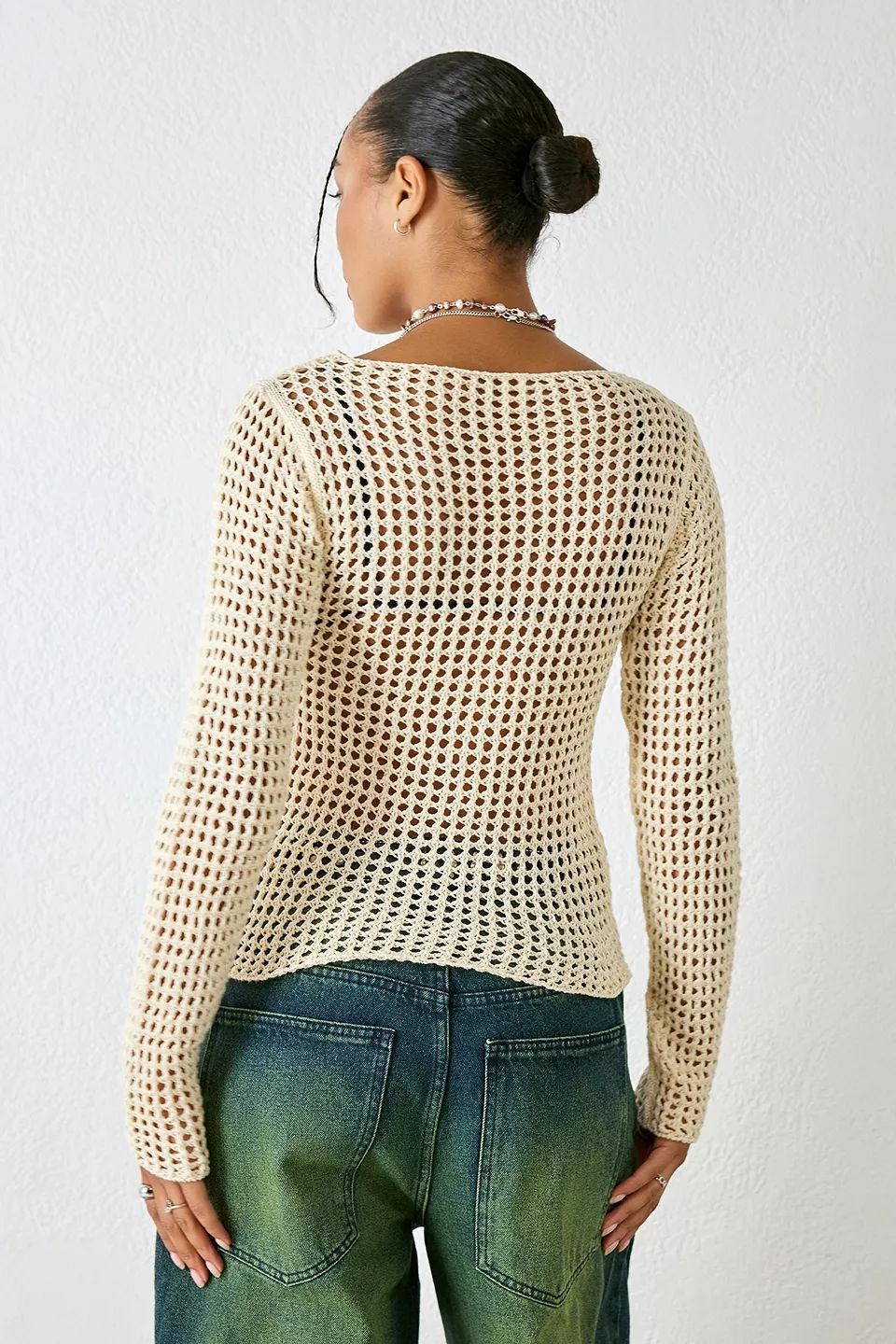 Women's Summer Crewneck Long Sleeve Hollow Out Knit Top Loose Casual Sun Protection Shirt