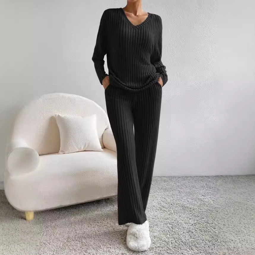 Plus Size Two-Piece Ribbed Loungewear Set with V-Neck Top and Straight-Leg Pants