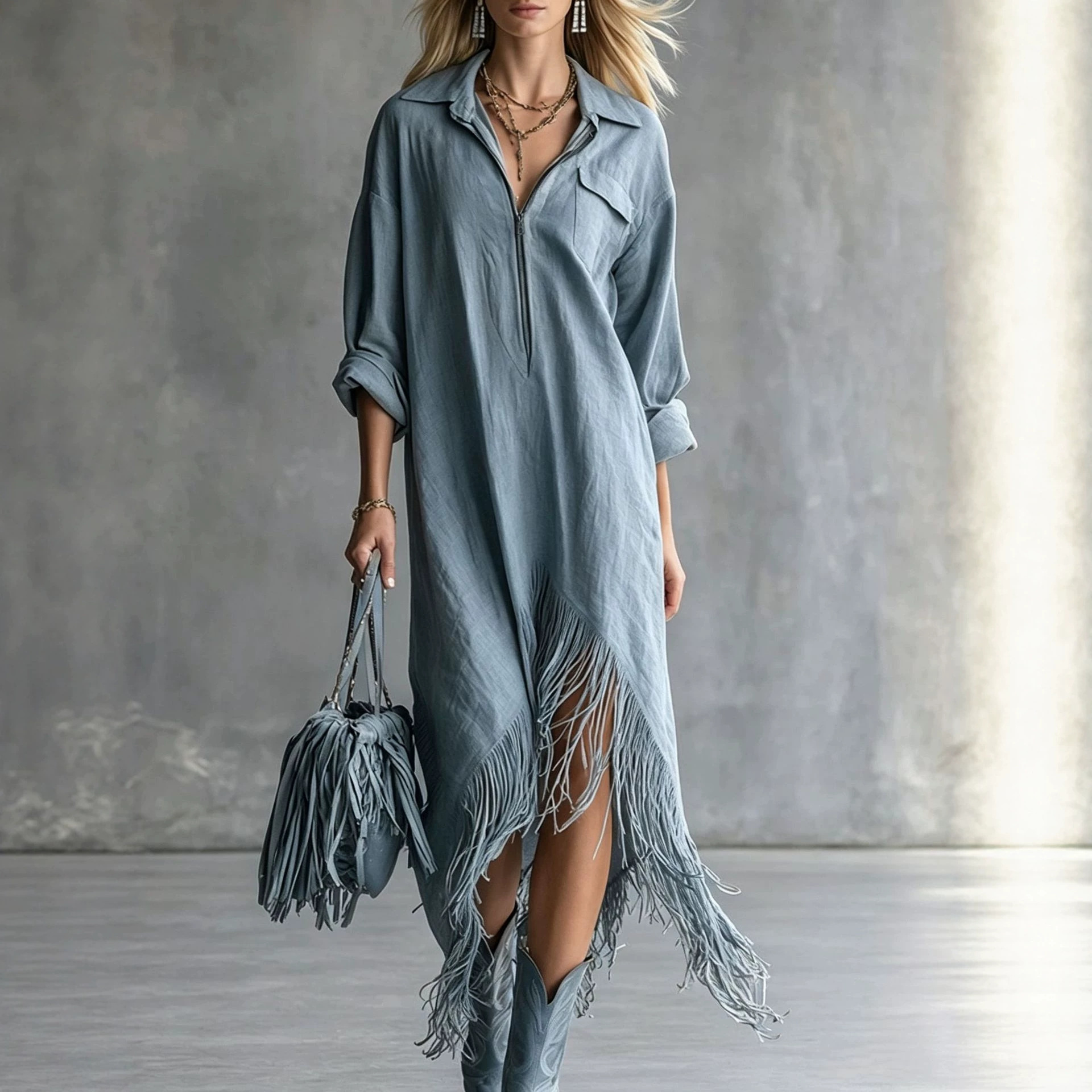 Bohemian Vintage Loose Irregular Hem Fringe Dress