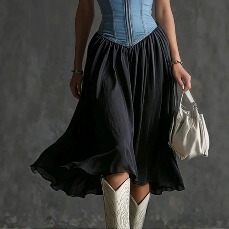 Retro Blue Denim Vest-Style Black Chiffon Midi Dress