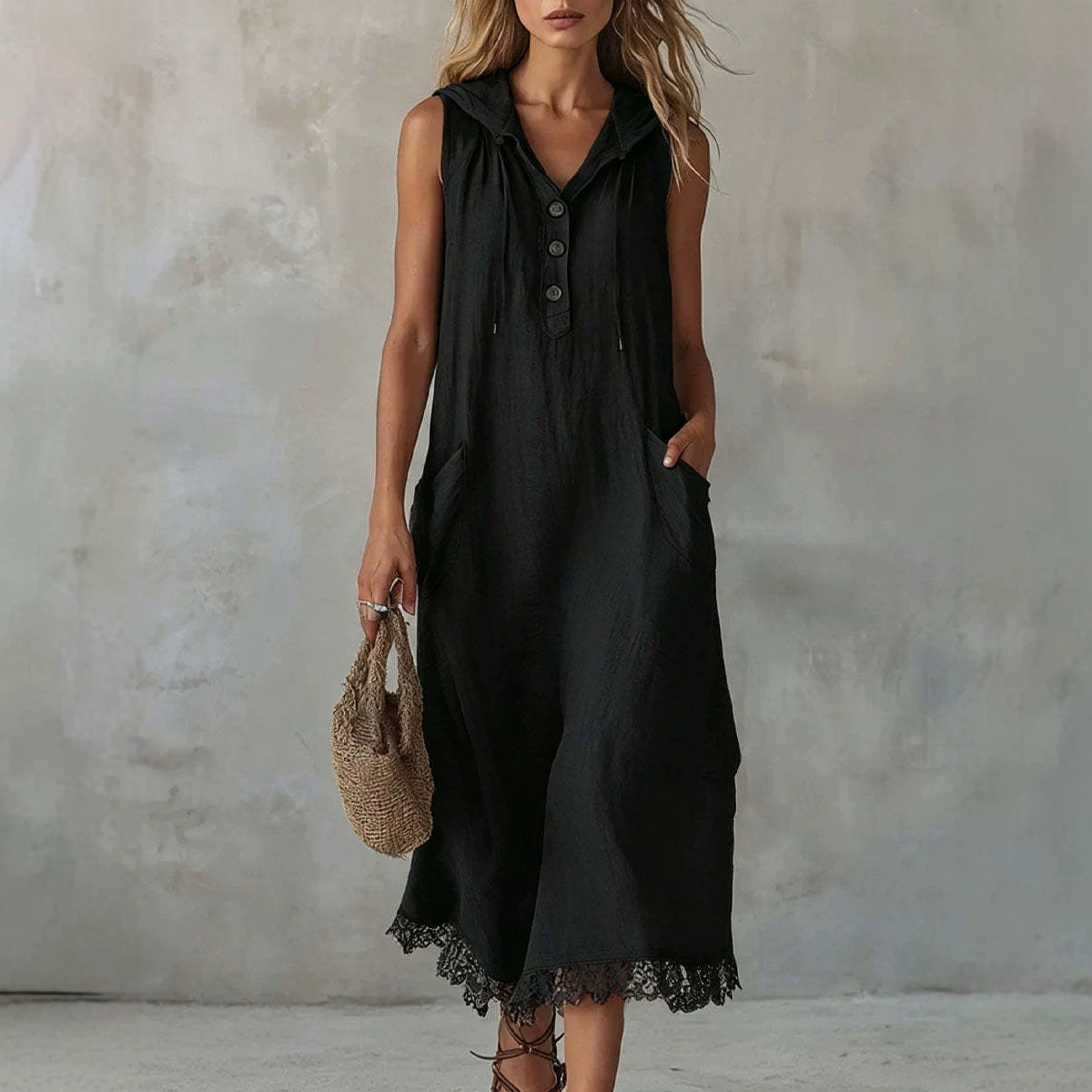 Women's Summer Hooded Dress Loose V-Neck Button Lace Trim Sleeveless Long Dress