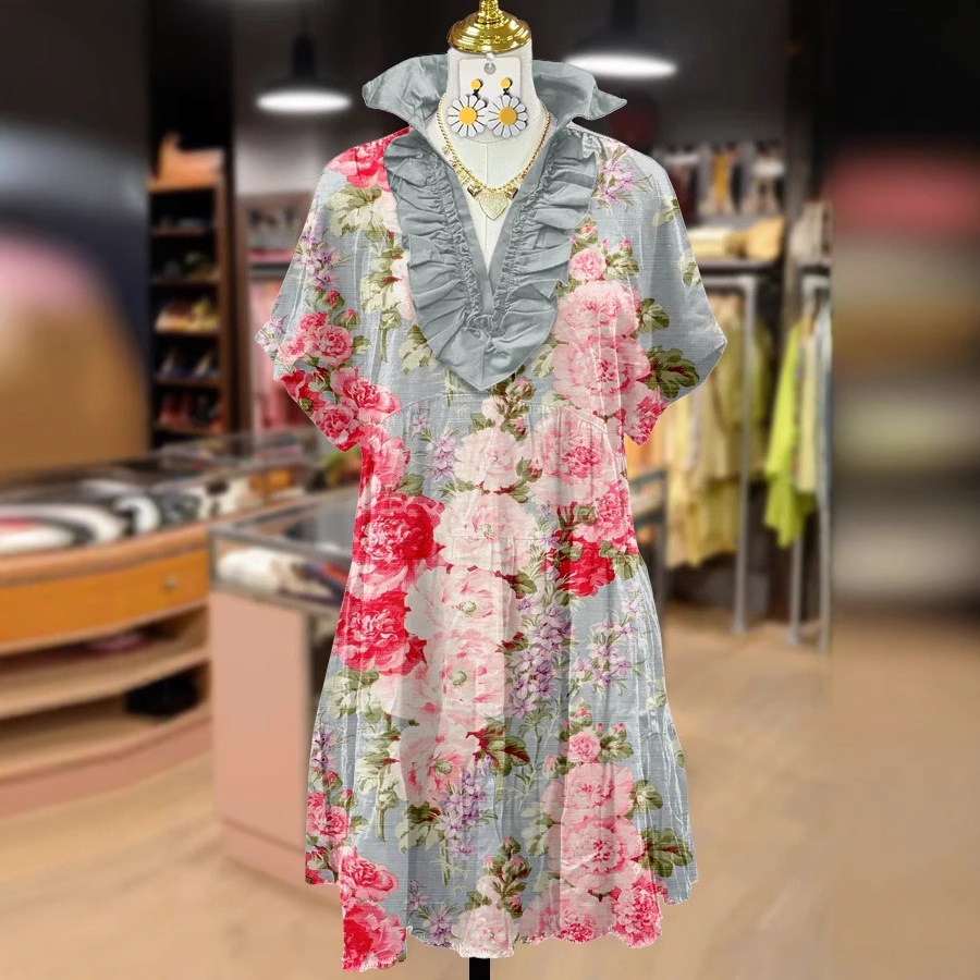 V-Neck Lace Trim Short Sleeve Floral Print Midi Dress