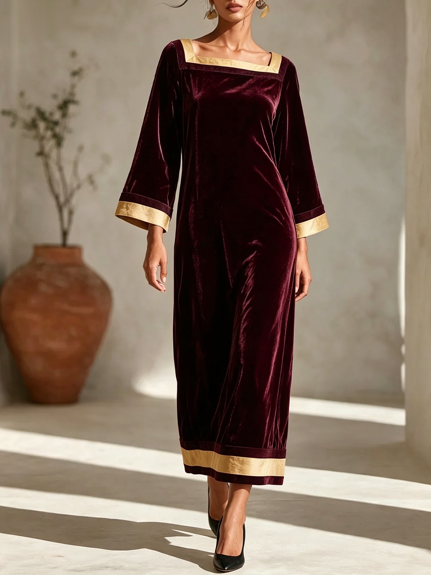Women's Vintage Velvet Square Neck Midi Dress with Nine-Tenth Sleeves