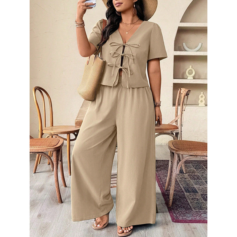 Plus Size Khaki Tie-Front V-Neck Back Cutout Top and Wide-Leg Pants Set