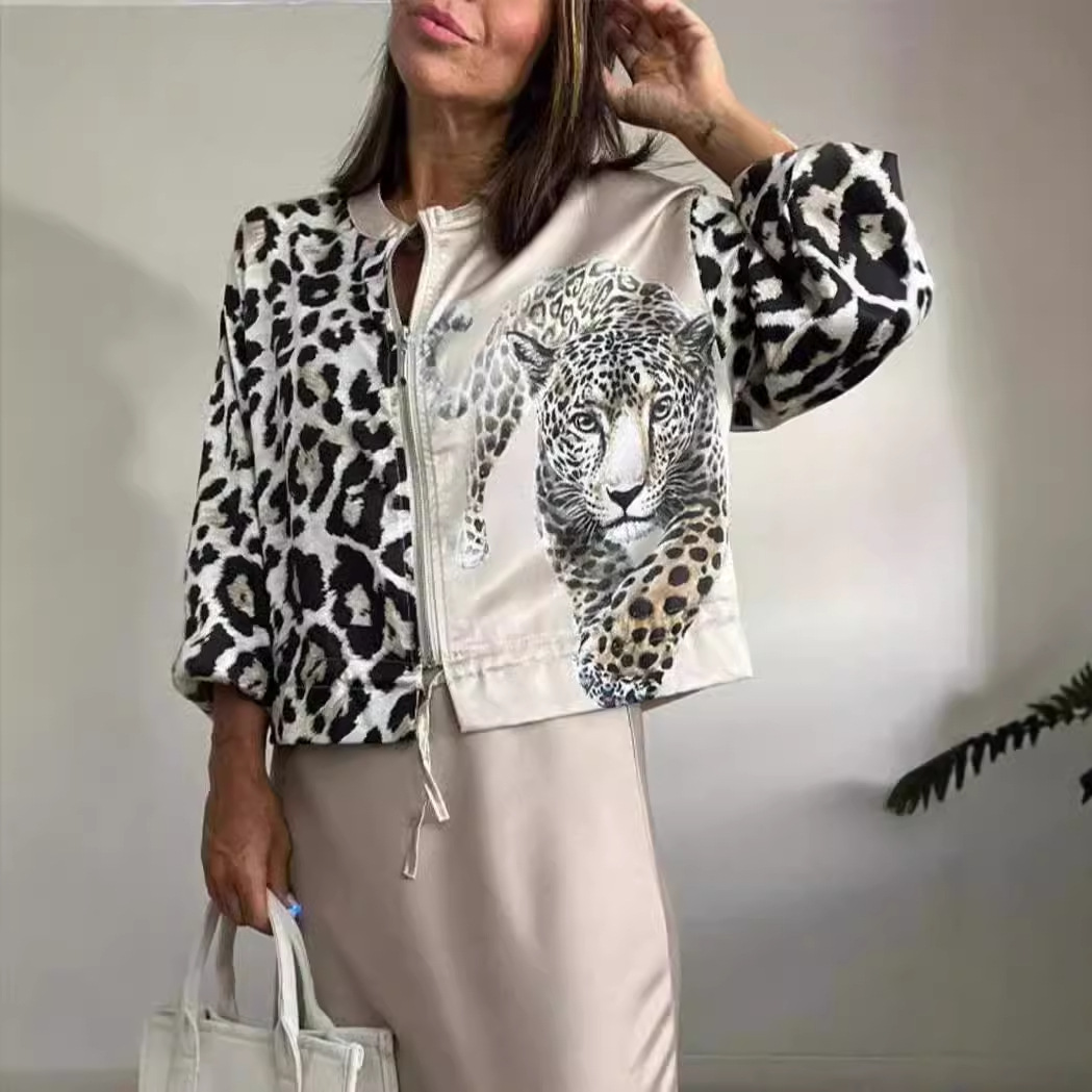Women's Leopard Print Zip-Up Jacket Casual Loose Fit