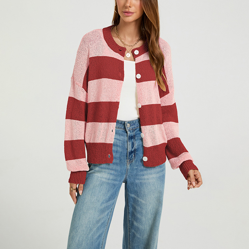 Striped Round Neck Cardigan Sweater Loose Fit Colorblock Knit Top
