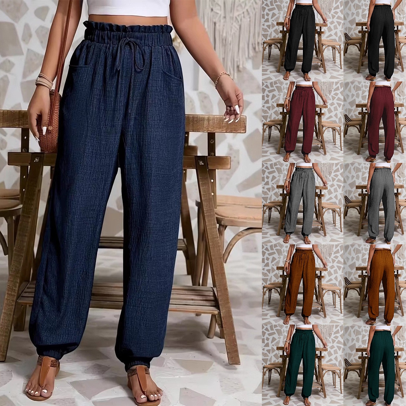 Solid Textured Lantern Pants with Ruffle Elastic Drawstring Waist and Dual Pockets