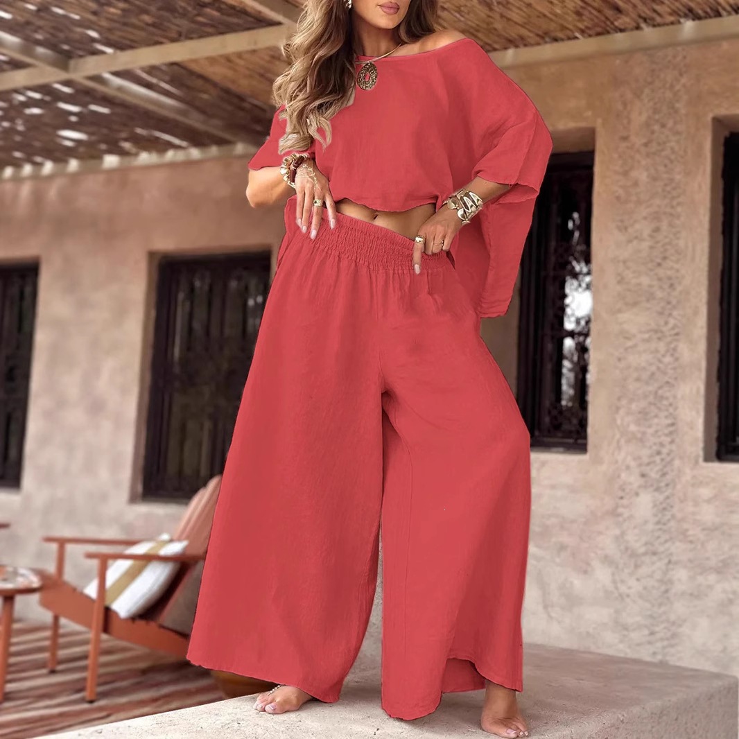 Women's Solid Color Off-Shoulder Bell Sleeve Top Set Casual Loose Summer Two-Piece