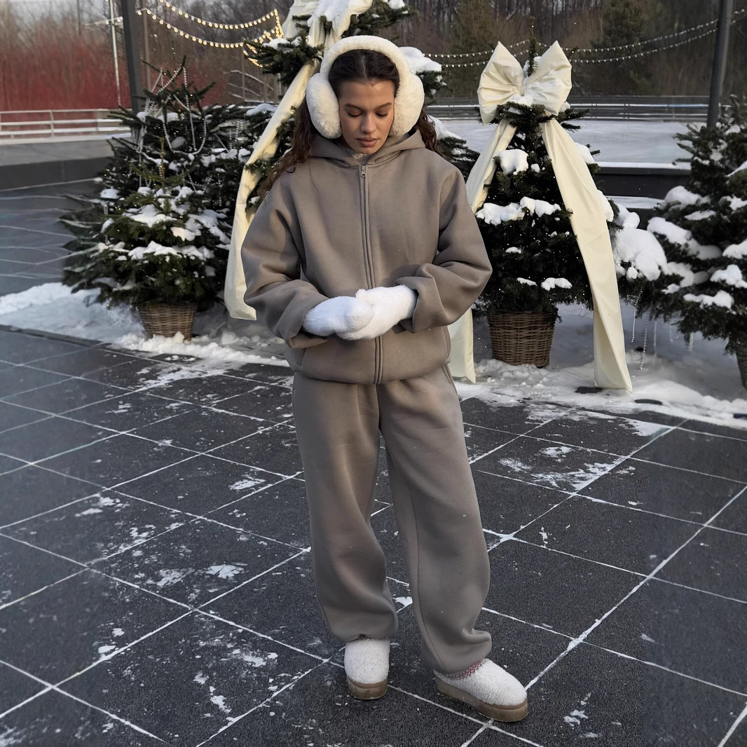 Women's Solid Color Hooded Cardigan Sweatshirt and Elastic Waist Pants Two-Piece Set