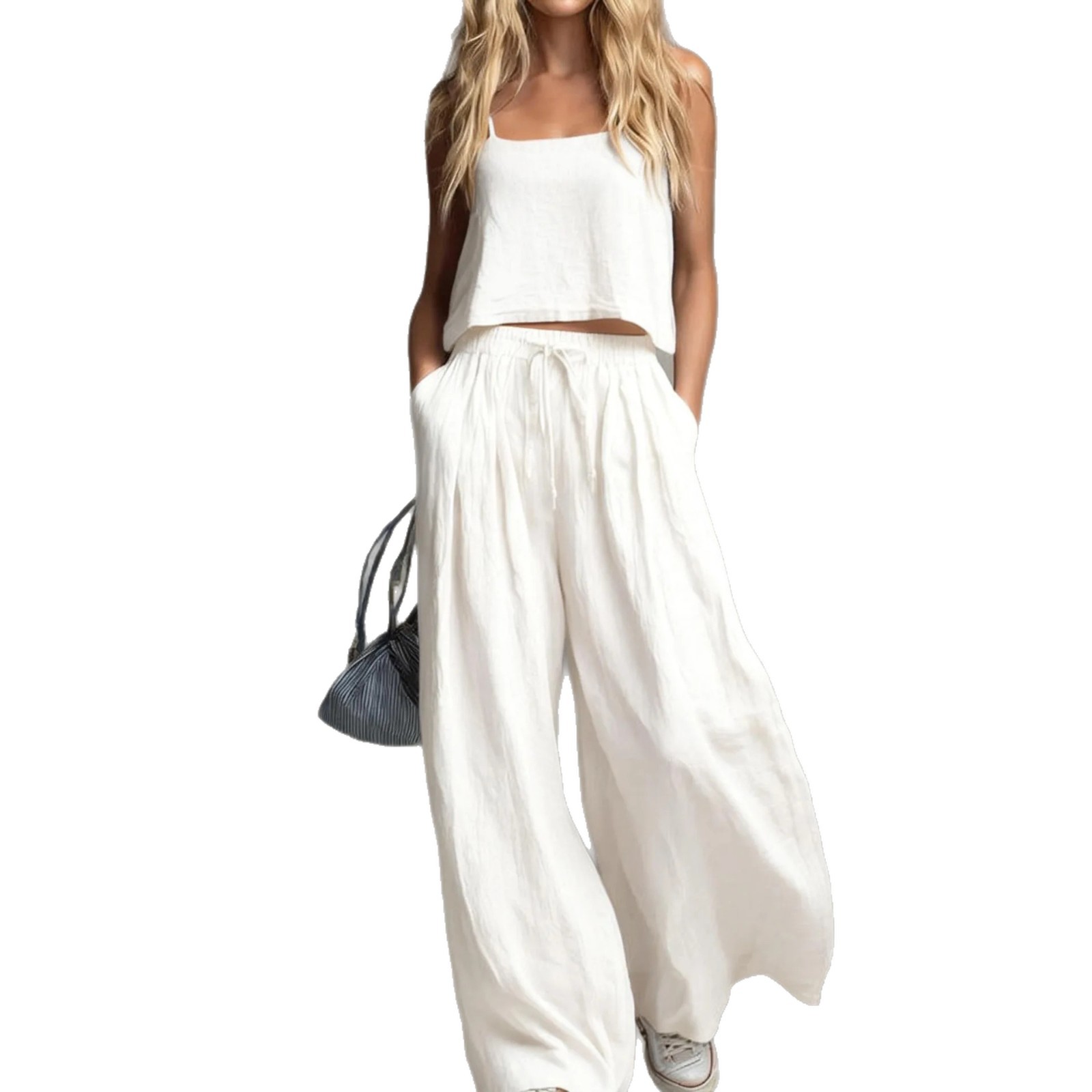 Solid Cami Top and Wide-Leg Pants Casual Set