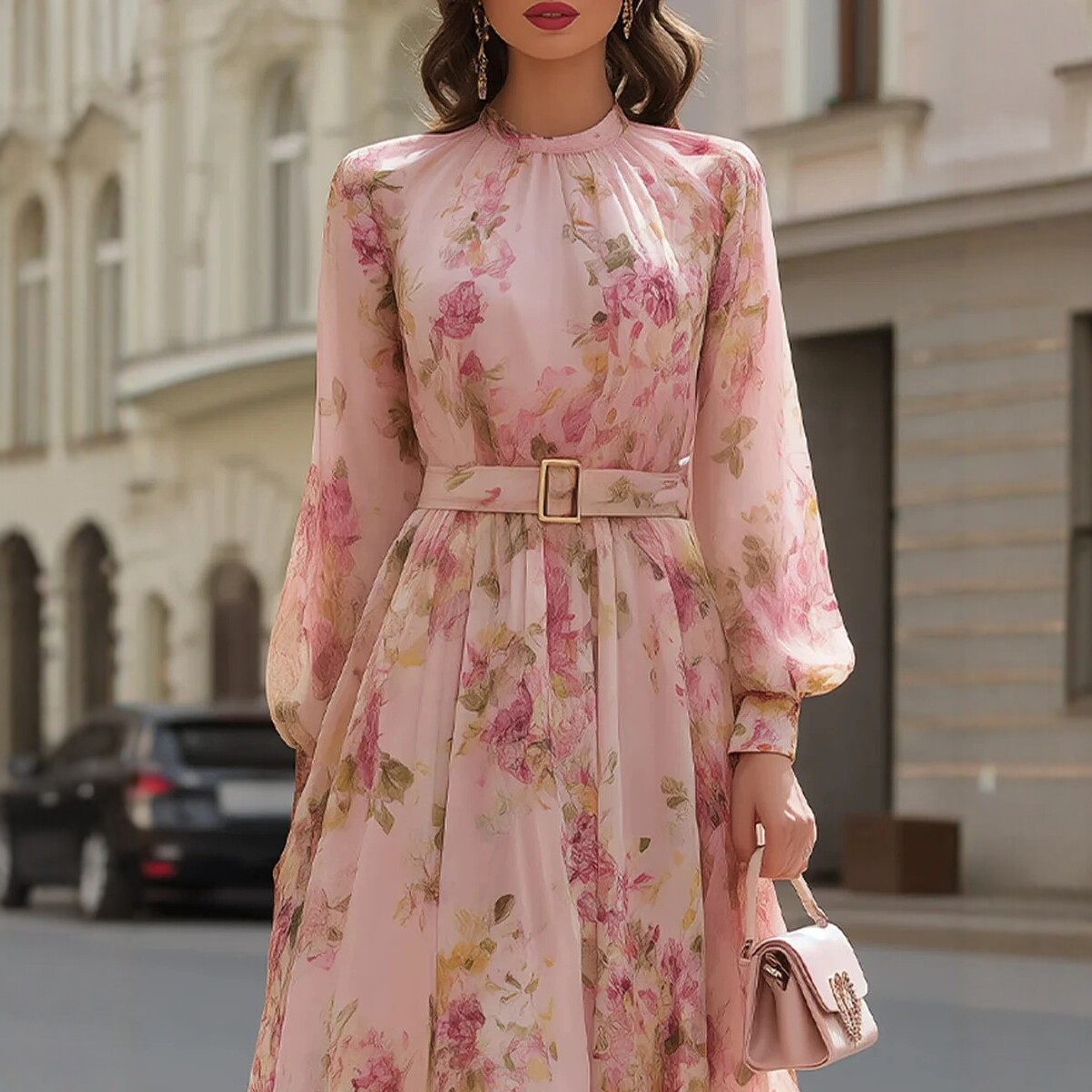 Floral Print Long Sleeve Tie-Waist Midi Dress