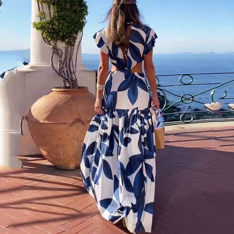 Women's V-Neck Cutout Floral Print Maxi Dress
