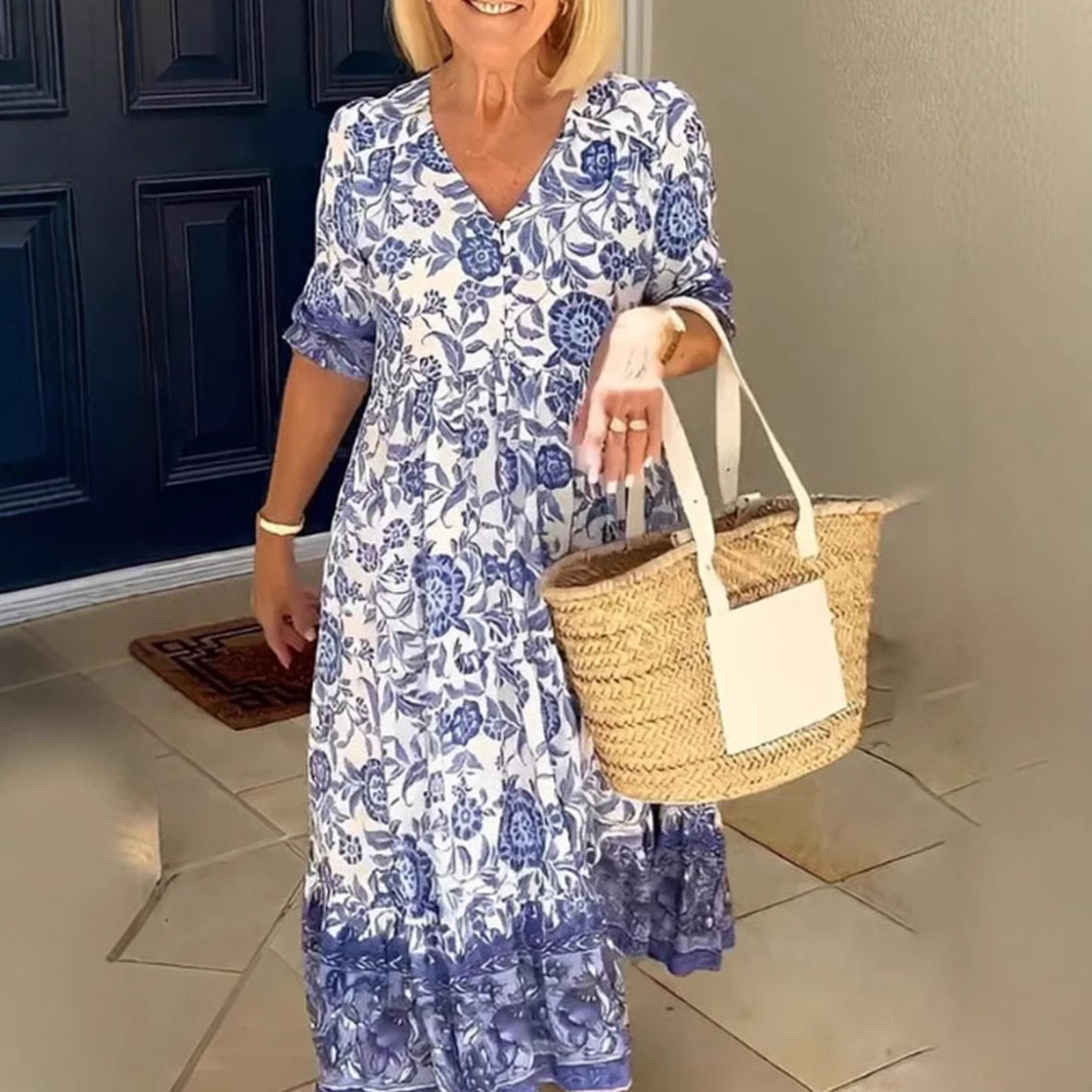 V-Neck Floral Print Long Dress
