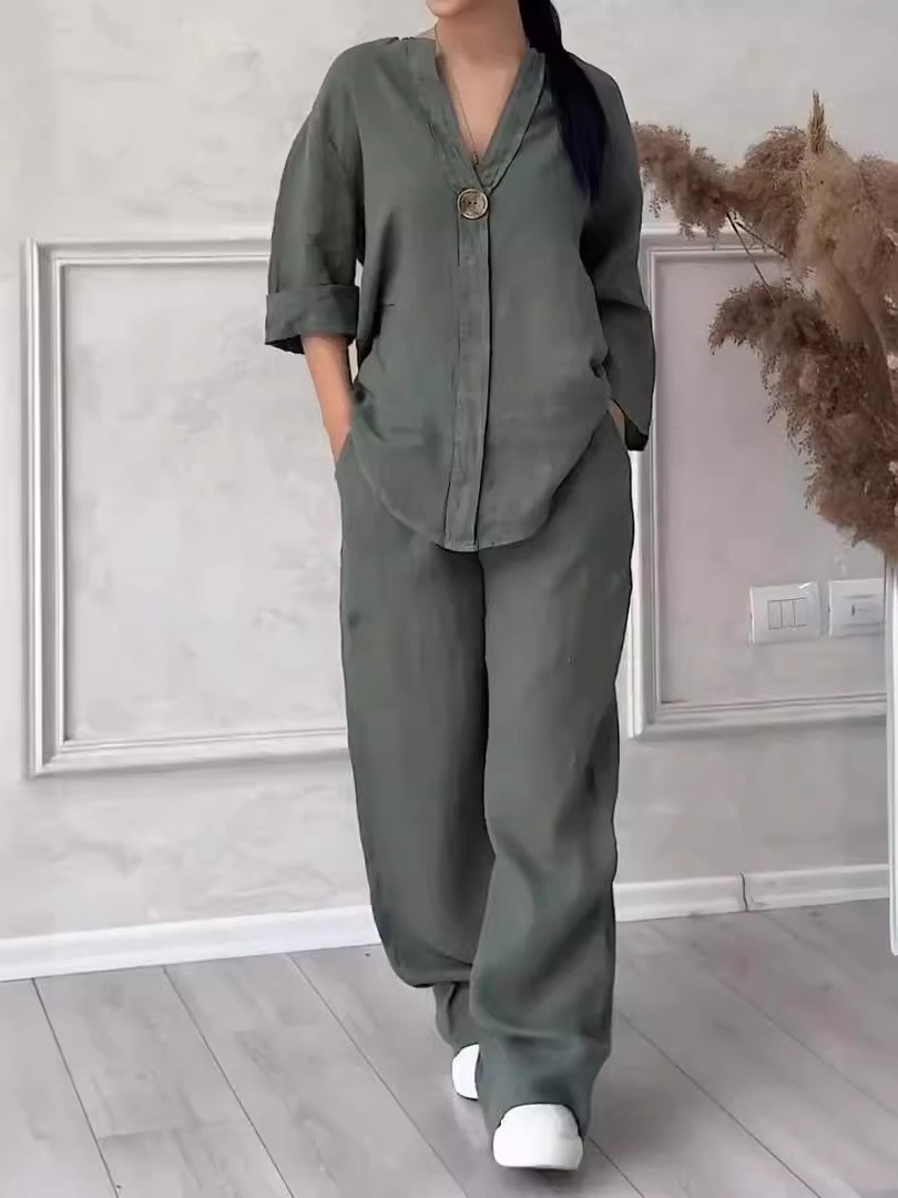 Women's Cotton-Linen Loose Top & Wide-Leg Pants Casual Set