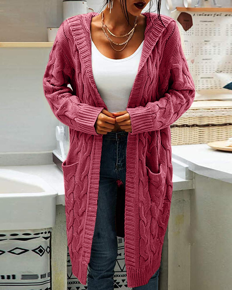 Women's Hooded Cable Knit Open-Front Cardigan Sweater, Mid-Length