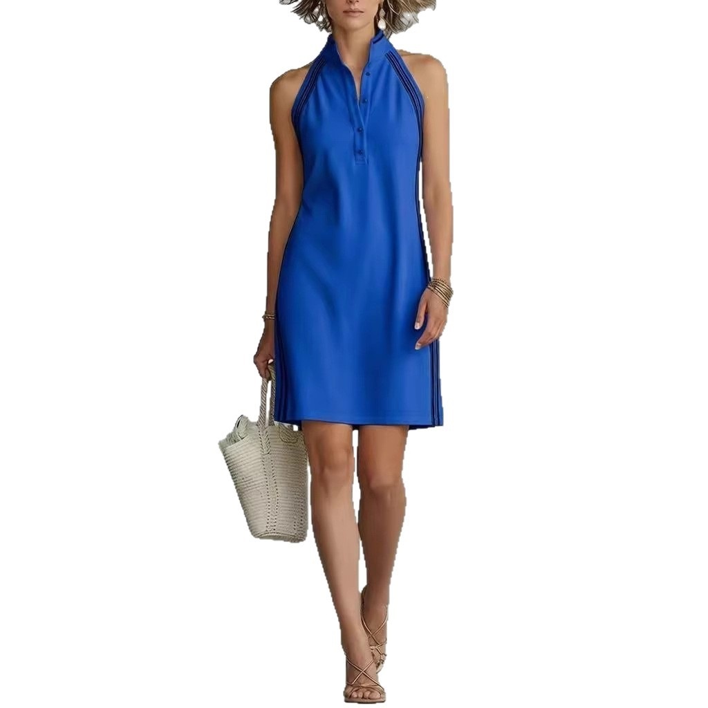 Solid Sleeveless Button Stand Collar Mini Dress