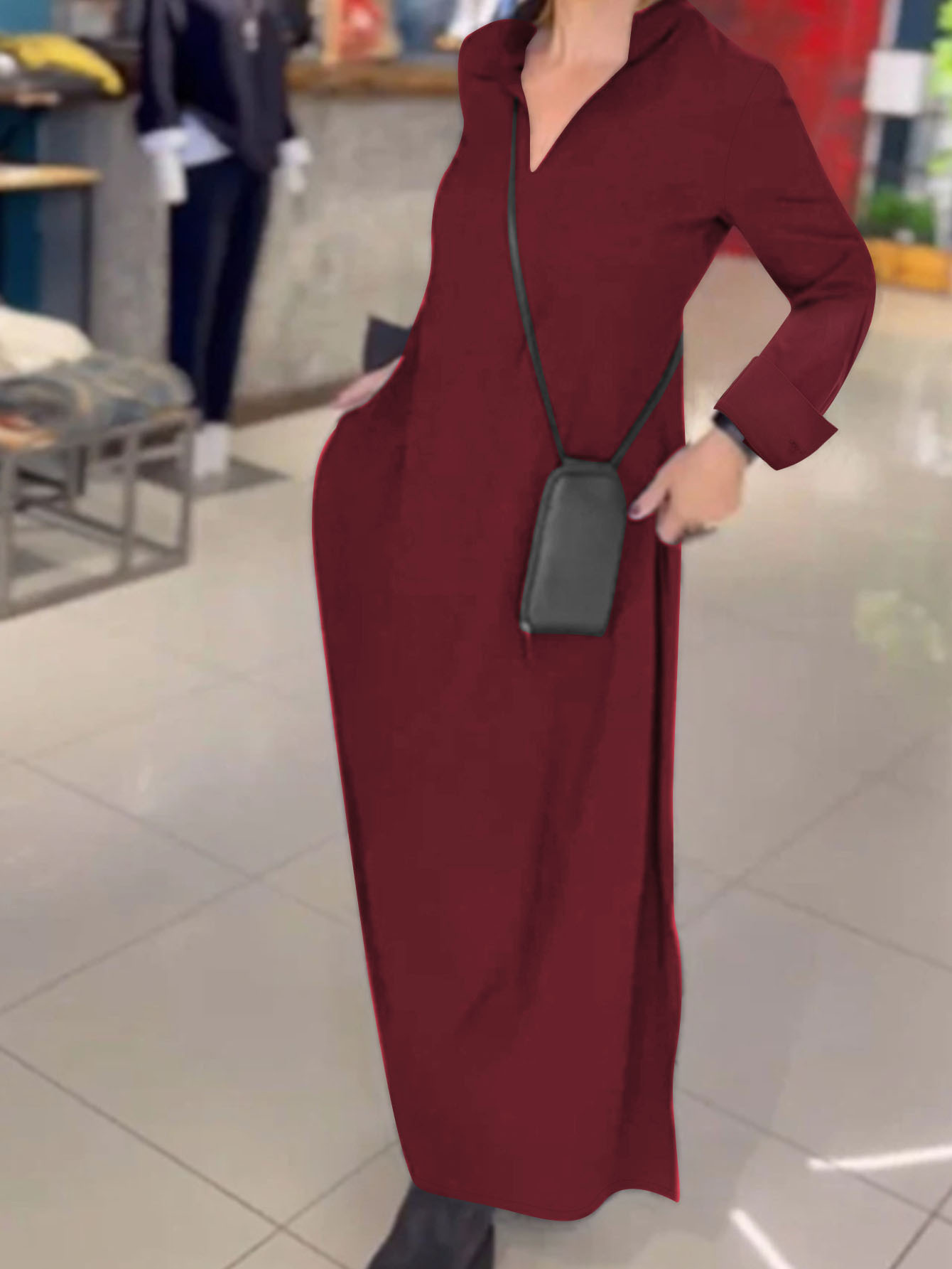 Elegant Solid Color Long Sleeve Polo Neck Maxi Dress
