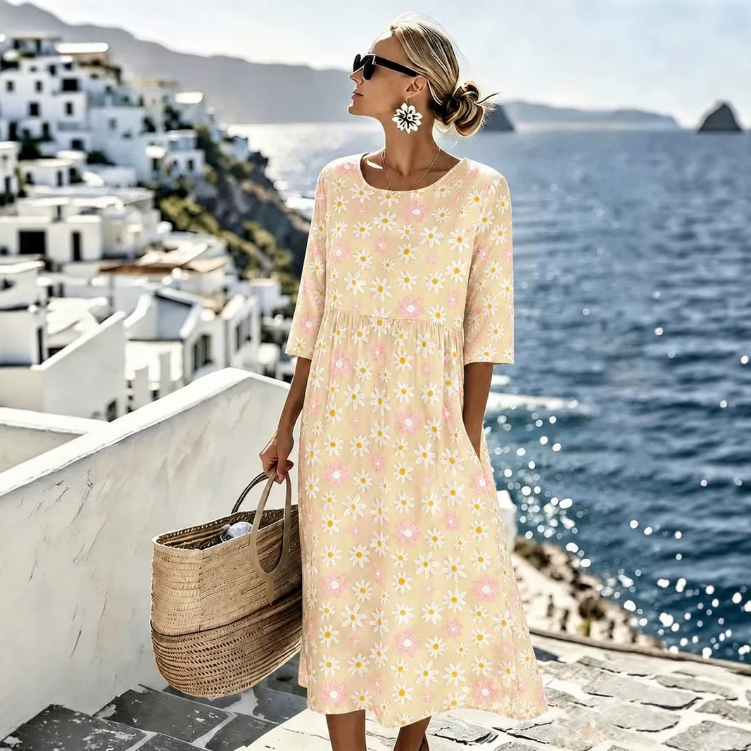 Women's Fresh Floral Daisy Print Ruched Midi Dress