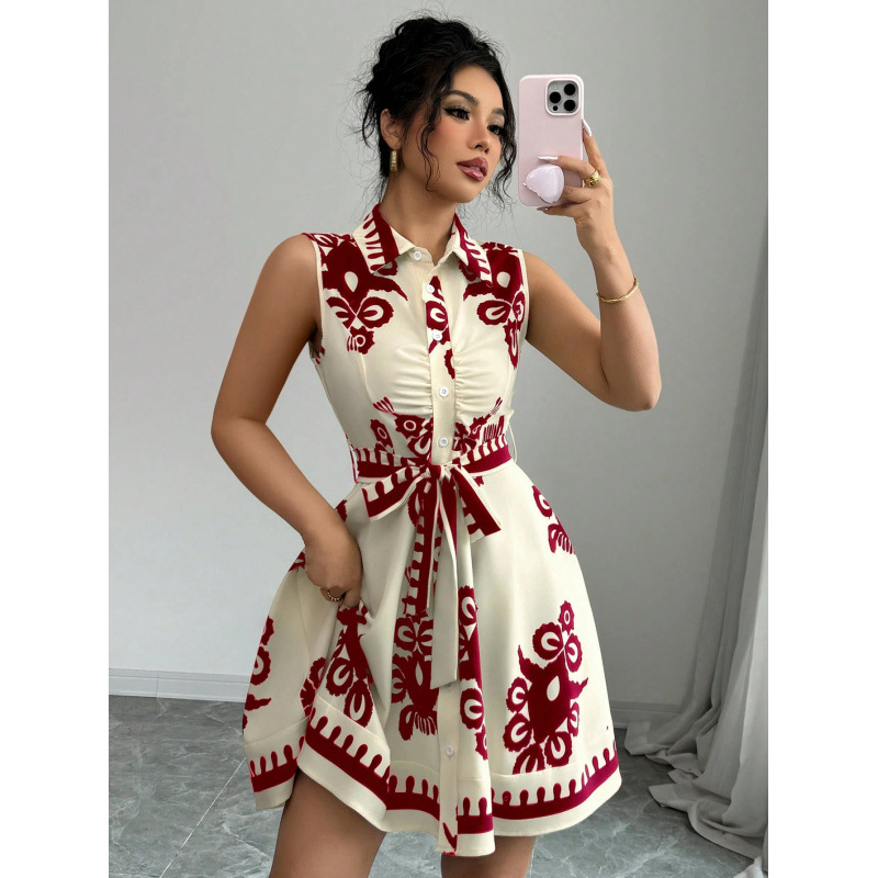 Tie-Waist Floral Print Sleeveless Dress